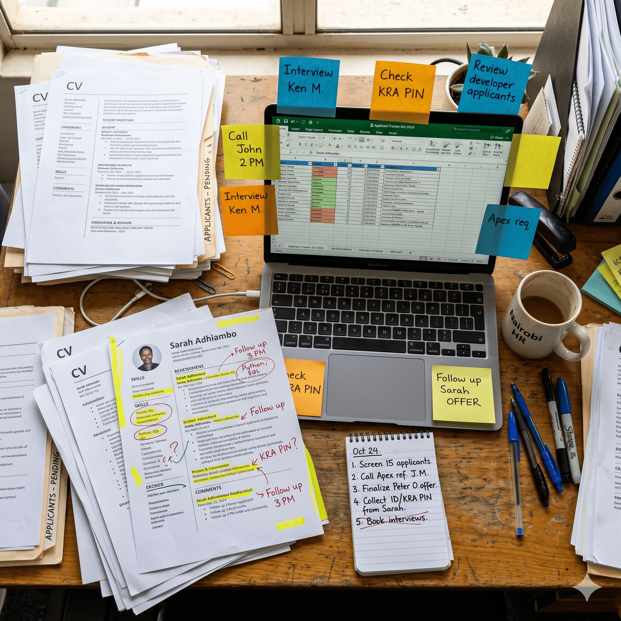 Manual recruitment process — cluttered desk with stacked CVs and spreadsheets