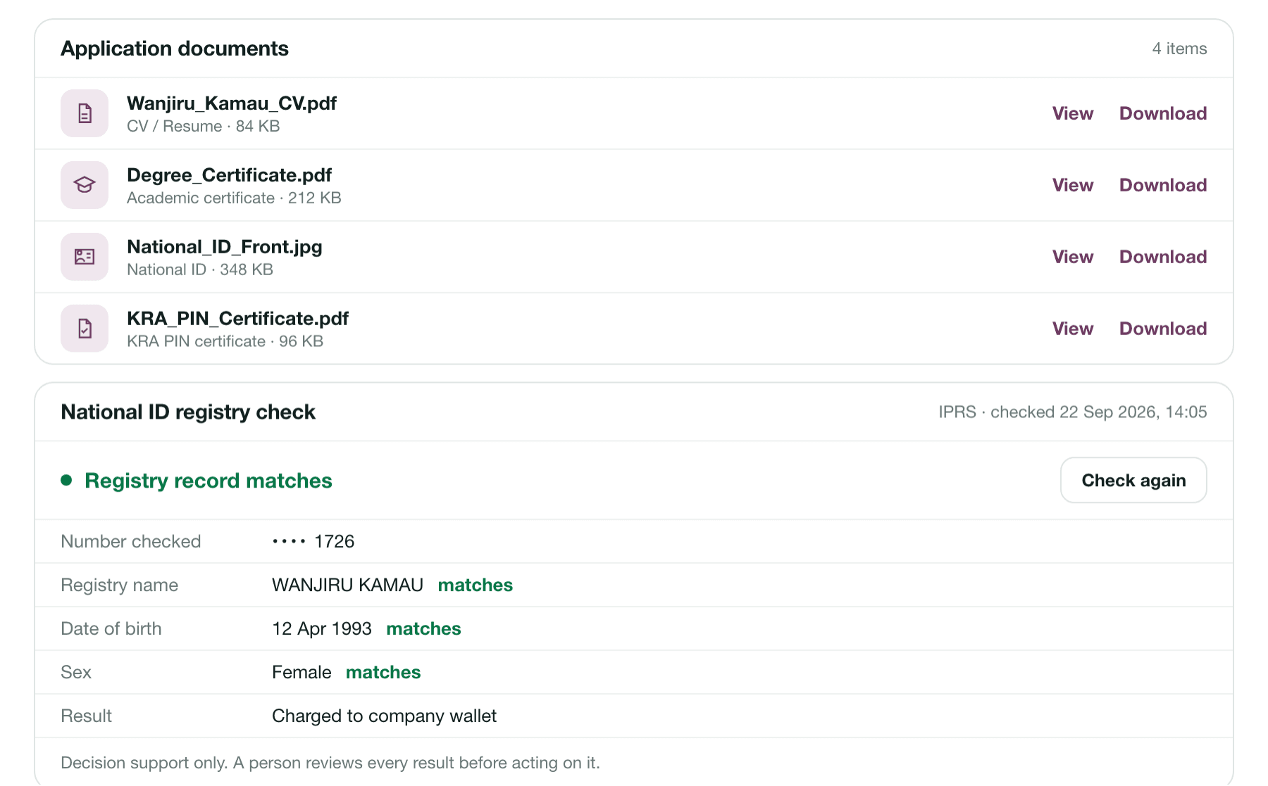 Candidate documents list and a National ID registry check showing the registry record matches